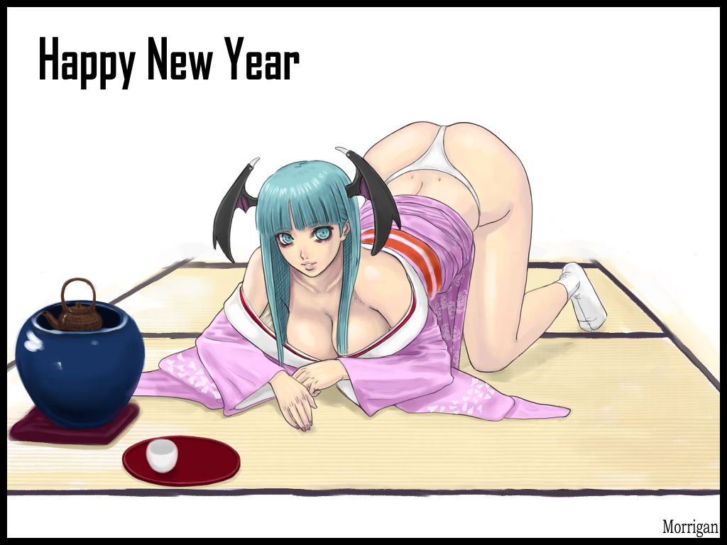 ark (morita hitomi), morrigan aensland, capcom, darkstalkers, 1girl, breasts, character name, demon girl, female focus, fingernails, head wings, japanese clothes, kimono, kneeling, large breasts, long fingernails, nail (hardware), panties, solo, thong, underwear, wings