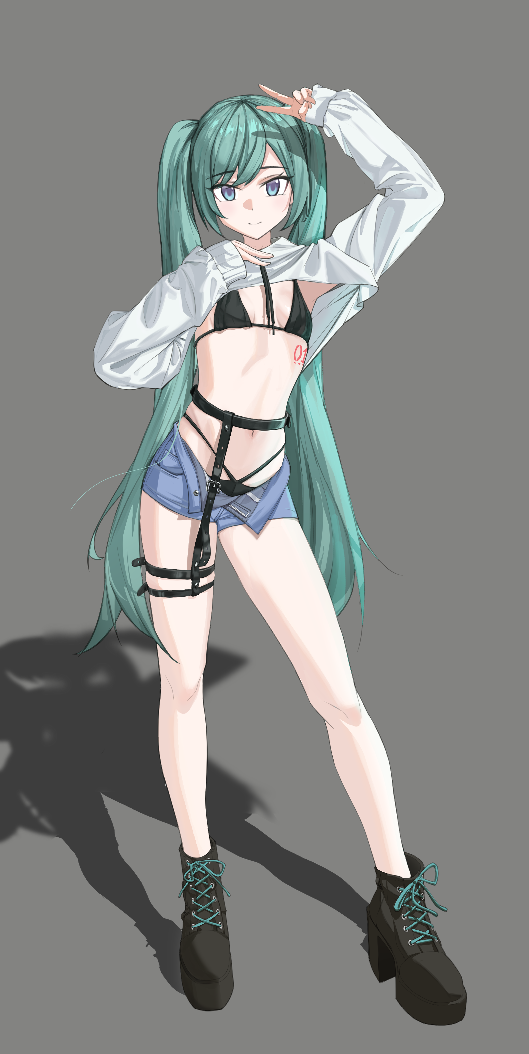 hatsune miku, vocaloid, absurdres, highres, 1girl, flat chest, full body, green eyes, green hair, long hair, midriff, navel, panties, shadow, short shorts, shorts, standing, twintails, underwear, user tugw4442, v, very long hair