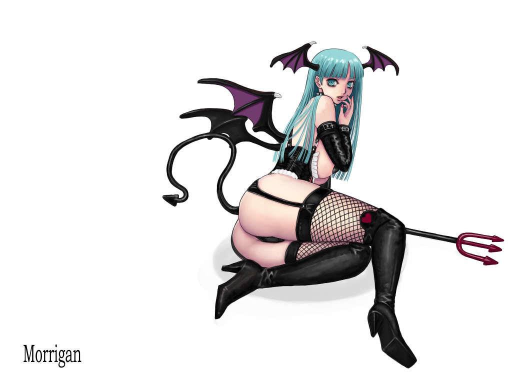 ark (morita hitomi), morrigan aensland, capcom, darkstalkers, 1girl, black garter belt, breasts, character name, cosplay, demon girl, female focus, fingernails, fishnet thighhighs, fishnets, full body, garter belt, garter straps, hand to own mouth, head wings, large breasts, lingerie, long fingernails, nail (hardware), nail polish, pink nails, polearm, simple background, solo, tail, thighhighs, trident, underwear, weapon, white background, wings