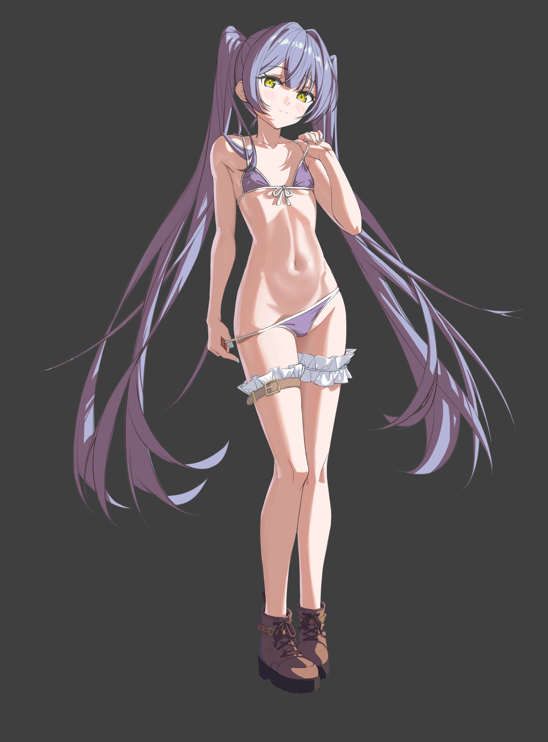 absurdres, highres, 1girl, flat chest, full body, long hair, looking at viewer, navel, purple hair, simple background, solo, standing, swimsuit, twintails, user tugw4442, very long hair, yellow eyes