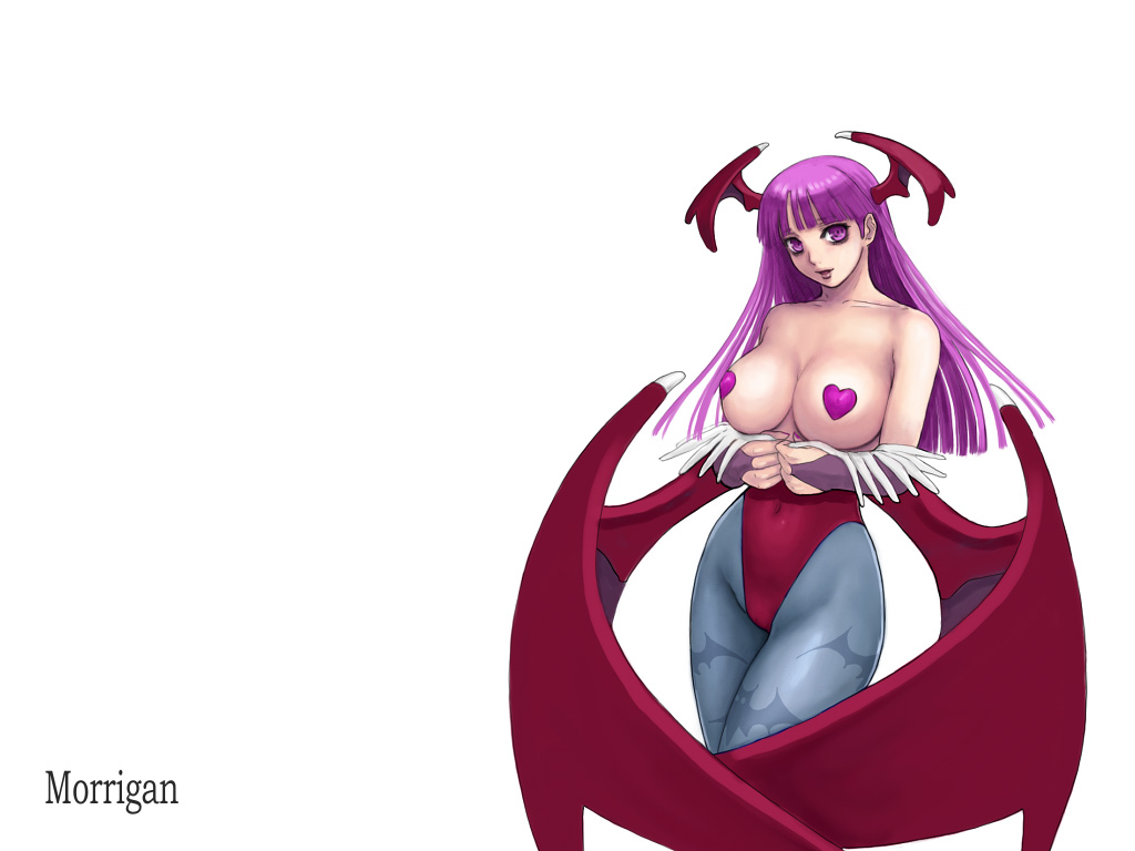 ark (morita hitomi), lilith (darkstalkers), morrigan aensland, capcom, darkstalkers, 1girl, alternate color, animal print, bat print, bat wings, breasts, character name, cosplay, demon girl, female focus, head wings, large breasts, lilith (darkstalkers) (cosplay), pantyhose, pasties, print pantyhose, purple eyes, purple hair, solo, wings