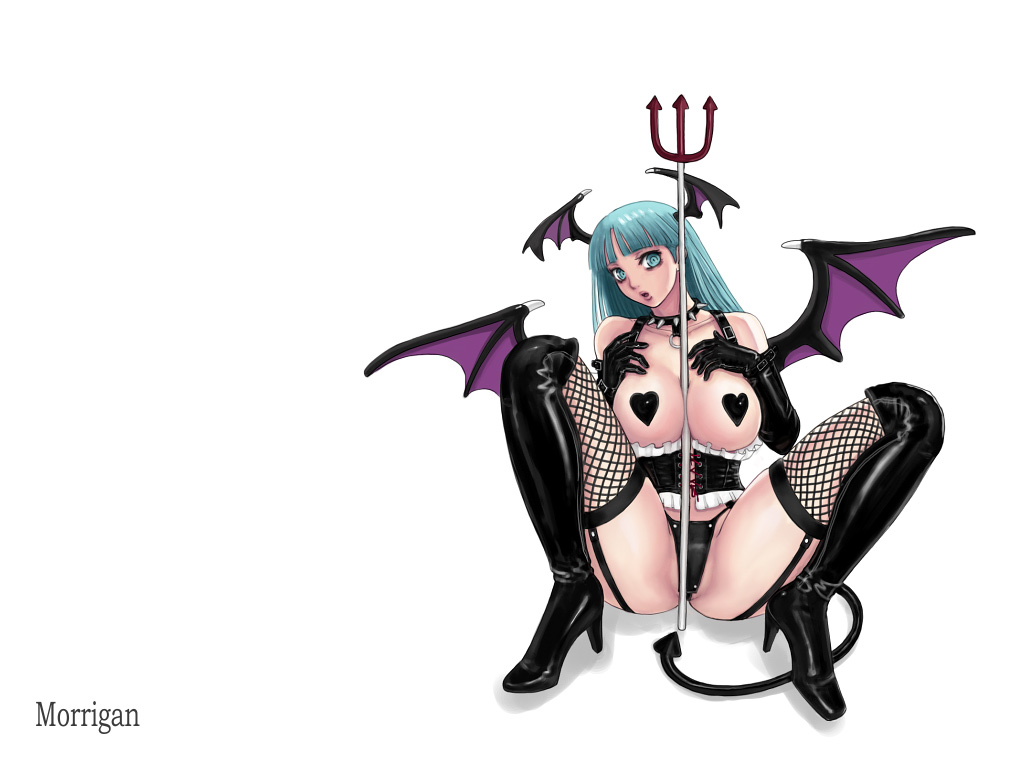 ark (morita hitomi), morrigan aensland, capcom, darkstalkers, 1girl, aqua eyes, aqua hair, bare shoulders, between breasts, black gloves, black panties, boots, breasts, character name, choker, collar, demon girl, elbow gloves, female focus, fishnet thighhighs, fishnets, gloves, head wings, high heels, panties, pasties, shoes, solo, spiked collar, spikes, spread legs, tail, thighhighs, underwear, wings