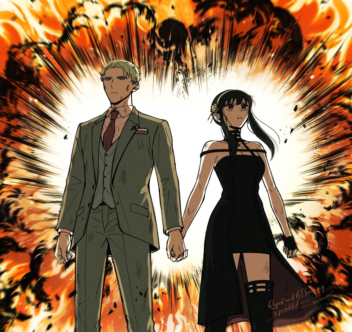 yu (gel4sew), twilight (spy x family), yor briar, spy x family, 1boy, 1girl, black hair, blonde hair, breasts, dress, earrings, explosion, explosion background, formal clothes, gold earrings, gold hairband, green suit, hairband, hetero, holding hands, husband and wife, jewelry, long hair, long sleeves, red eyes, shirt, short hair, sidelocks, signature, suit, two-sided dress, two-sided fabric