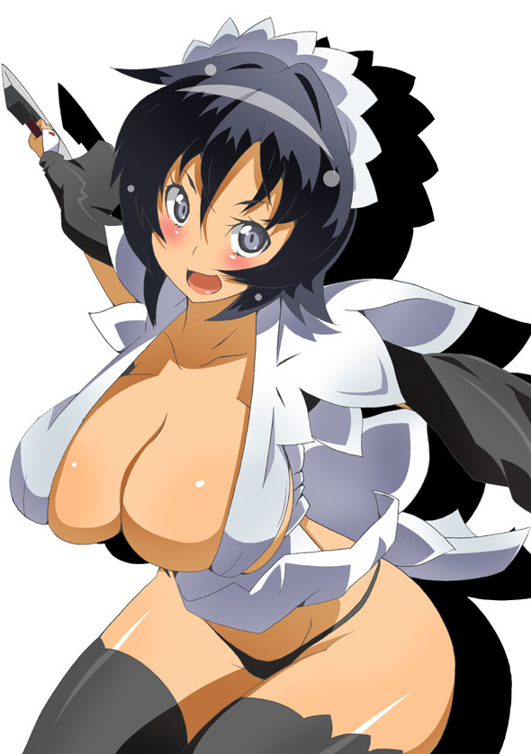 toudori, iroha (samurai spirits), samurai spirits, 1girl, black panties, black thighhighs, blush, breasts, cleavage, female focus, huge breasts, maid, no pants, open mouth, panties, short hair, simple background, solo, thighhighs, underwear, white background