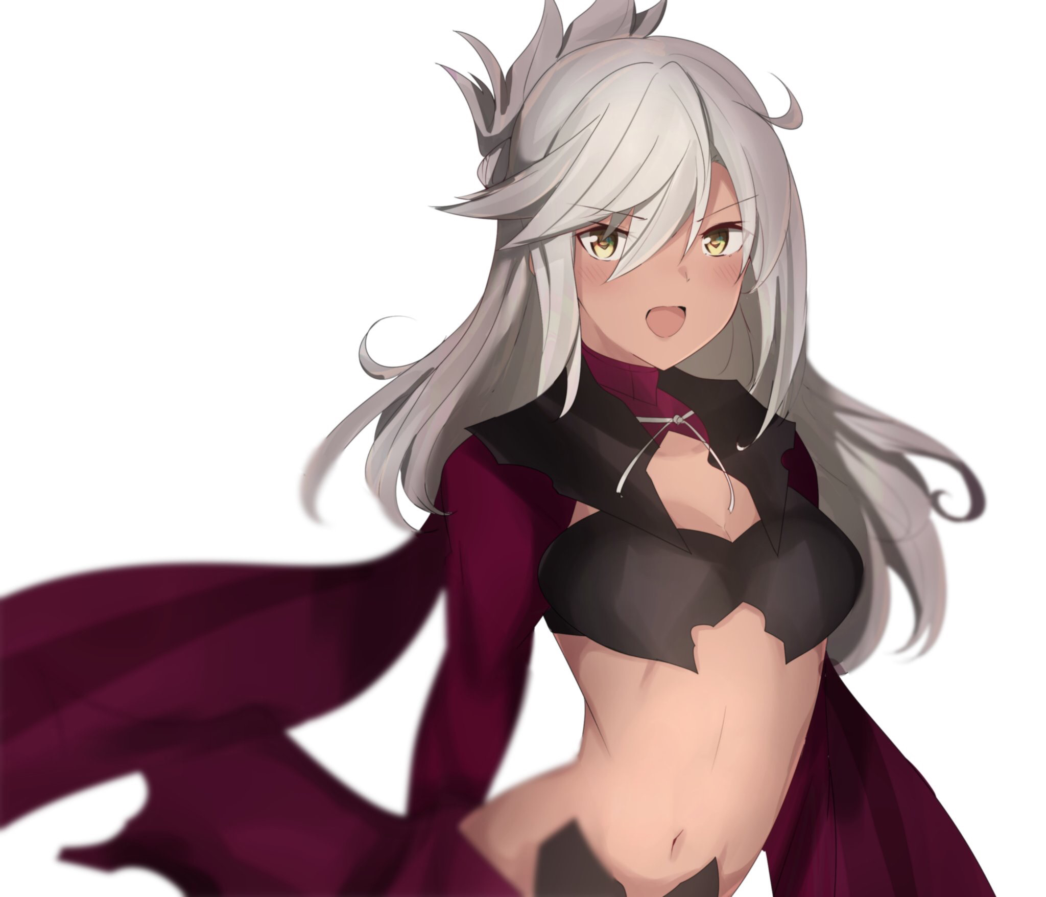 nagi (naginagi102710), chloe von einzbern, chloe von einzbern (archer install), fate/kaleid liner prisma illya, fate (series), highres, 1girl, :d, black bra, bra, dark-skinned female, dark skin, grey hair, hair between eyes, long hair, long sleeves, looking at viewer, navel, open mouth, simple background, smile, solo, underwear, upper body, white background, yellow eyes