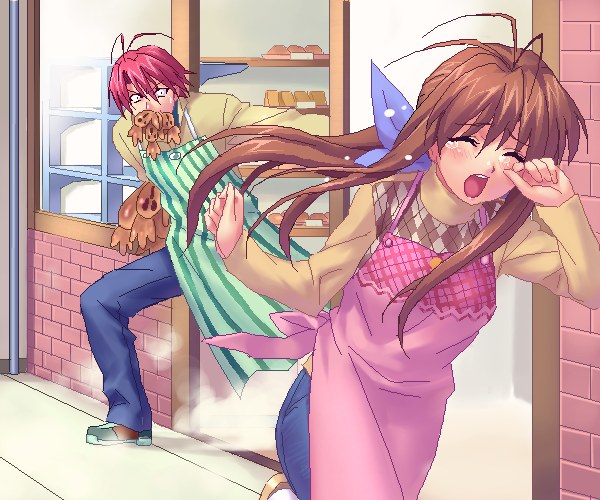 zen, furukawa akio, furukawa sanae, clannad, key (company), 00s, 1boy, 1girl, antenna hair, apron, bread, brown hair, food, hair ornament, hair ribbon, ribbon, running, tears