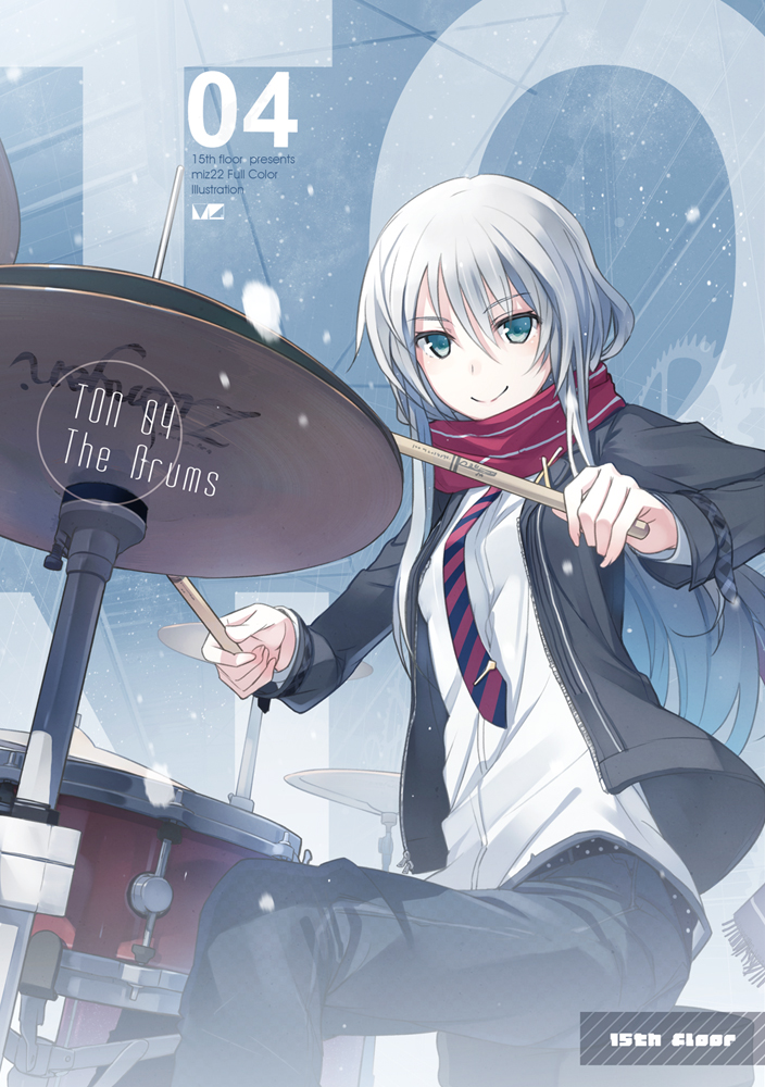 miz, original, 1girl, black jacket, black pants, cymbals, drum, drum set, drumsticks, green eyes, instrument, jacket, long hair, necktie, pants, red scarf, scarf, shirt, smile, striped necktie, white hair, white shirt