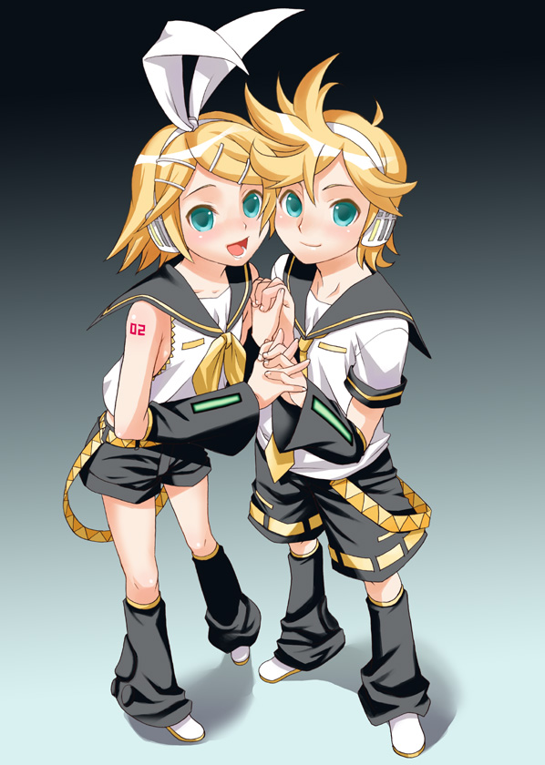 mattaku mousuke, kagamine len, kagamine rin, vocaloid, bad id, bad pixiv id, 1boy, 1girl, blonde hair, blue eyes, brother and sister, hetero, holding hands, siblings, twins
