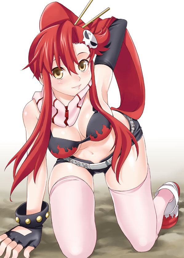 mattaku mousuke, yoko littner, tengen toppa gurren lagann, bad id, bad pixiv id, 00s, 1girl, bikini, bikini top only, breasts, brown eyes, cleavage, female focus, large breasts, ponytail, red hair, short shorts, shorts, solo, swimsuit, thighhighs
