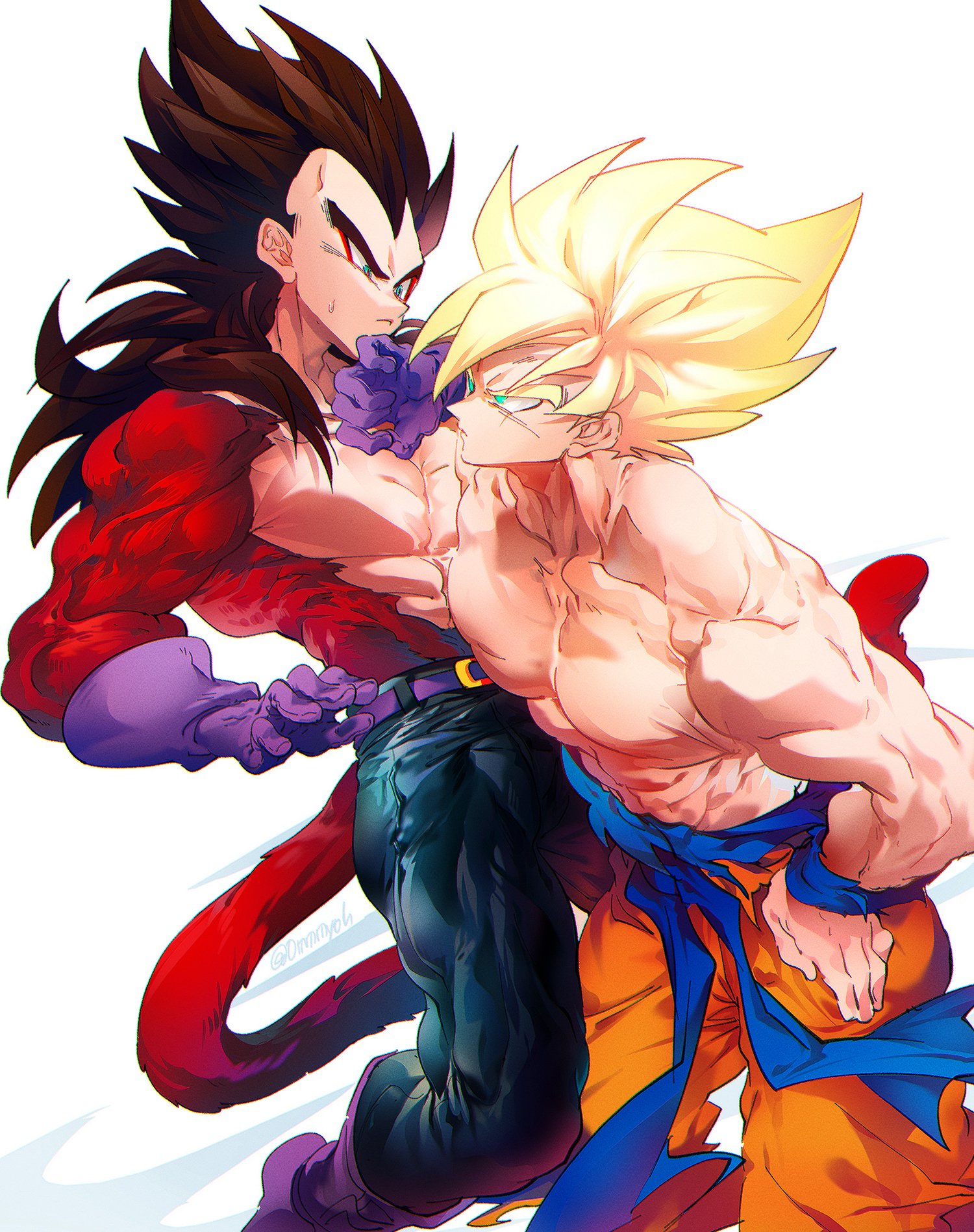 ommmyoh, son goku, vegeta, dragon ball, dragon ball gt, dragonball z, highres, black hair, blue eyes, blue sash, closed mouth, dougi, gloves, long hair, male focus, monkey boy, monkey tail, multiple boys, muscular, pants, red fur, saiyan, sash, spiked hair, super saiyan, super saiyan 1, super saiyan 4, tail, twitter username