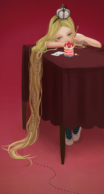 kb, kirobaito, original, striped, ant, asymmetrical legwear, blonde hair, blue eyes, bug, cake, crown, food, fruit, insect, long hair, mismatched legwear, pastry, polka dot, simple background, solo, strawberry, table, very long hair