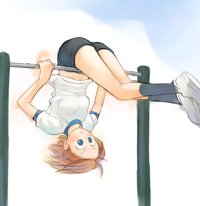ikeda jun (mizutamari), original, tagme, gym uniform, hanging, horizontal bar, solo, upside-down