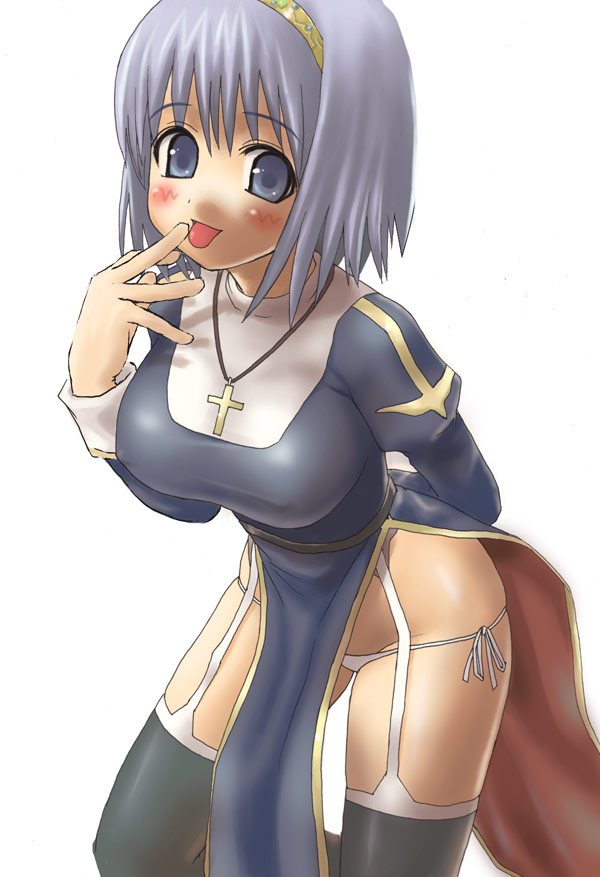 asanagi, priest (ragnarok online), ragnarok online, 1girl, blue eyes, blue hair, female focus, garter belt, lingerie, matching hair/eyes, panties, priest, side-tie panties, solo, thighhighs, underwear