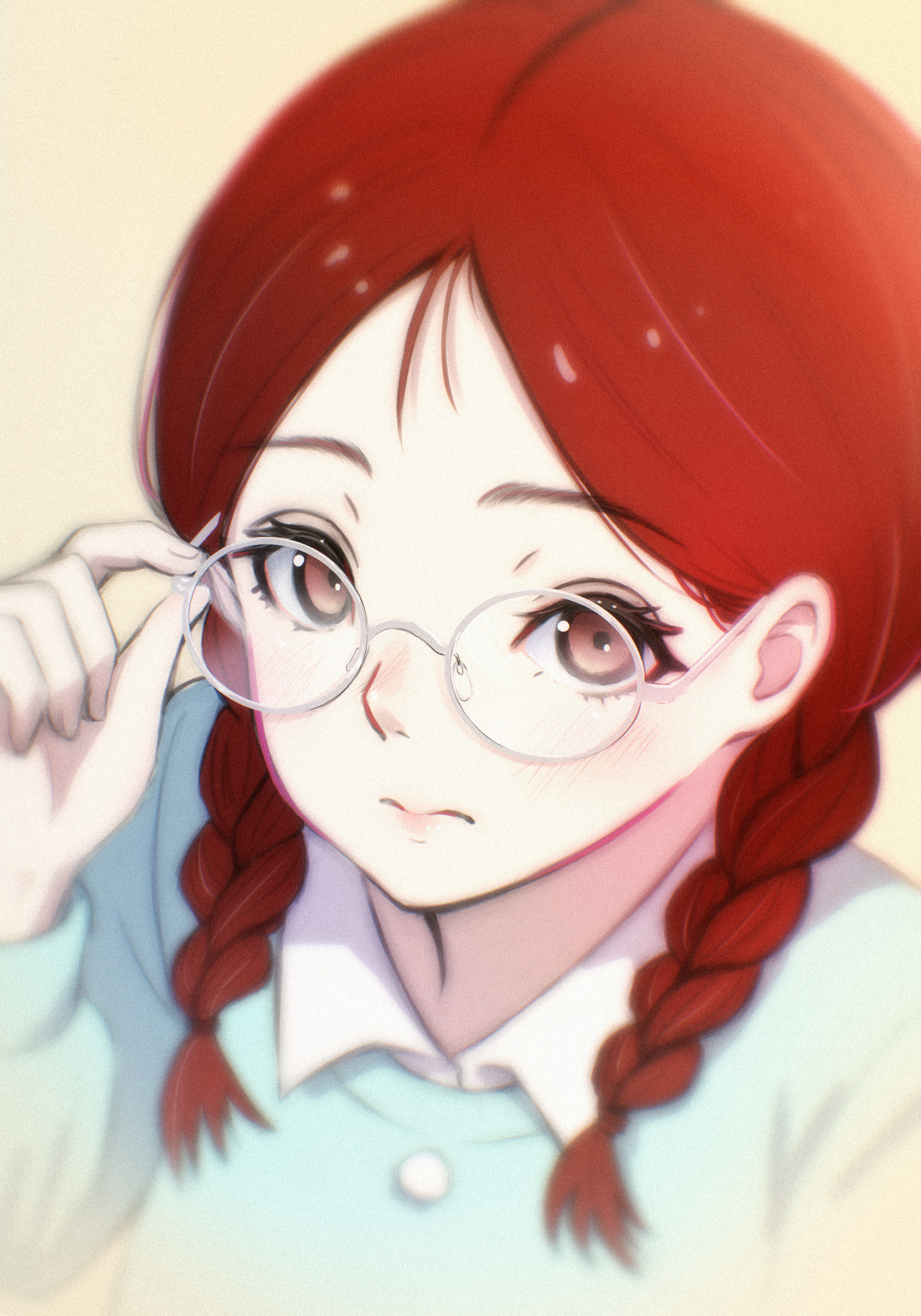oshizu, honami tamae, chibi maruko-chan, absurdres, highres, 1girl, adjusting eyewear, blue sweater, blush, braid, closed mouth, glasses, hand up, low twin braids, medium hair, parted bangs, portrait, red eyes, red hair, round eyewear, solo, sweater, twin braids