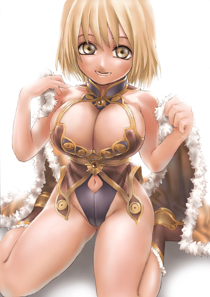 asanagi, wizard (ragnarok online), ragnarok online, 1girl, blonde hair, breasts, brown eyes, cape, cleavage, clothing cutout, female focus, holding, holding unworn cape, holding unworn clothes, huge breasts, large breasts, looking at viewer, navel, navel cutout, open mouth, short hair, simple background, sitting, solo, unworn cape, wariza, white background, wizard