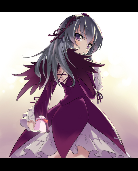 aida takanobu, suigintou, rozen maiden, silver hair, 00s, 1girl, black wings, blush, dress, female focus, gift, holding, holding gift, letterboxed, purple eyes, solo, wings