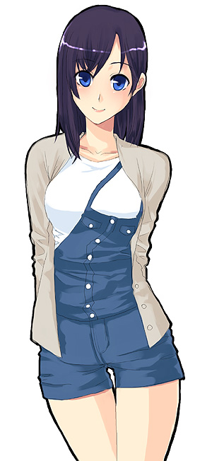 unasaka ryou, original, 1girl, black hair, blue eyes, cardigan, female focus, overall shorts, overalls, solo