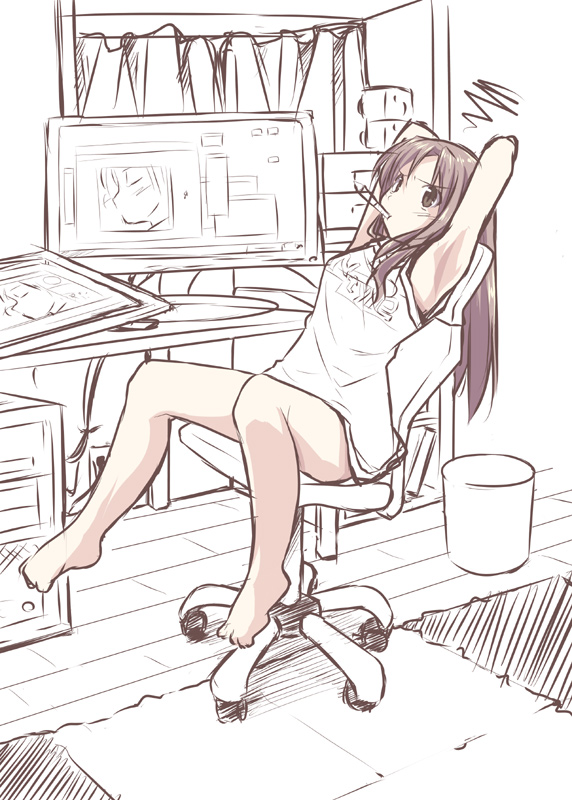 mizoguchi keiji, original, armpits, barefoot, chair, computer, feet, on chair, sketch, solo