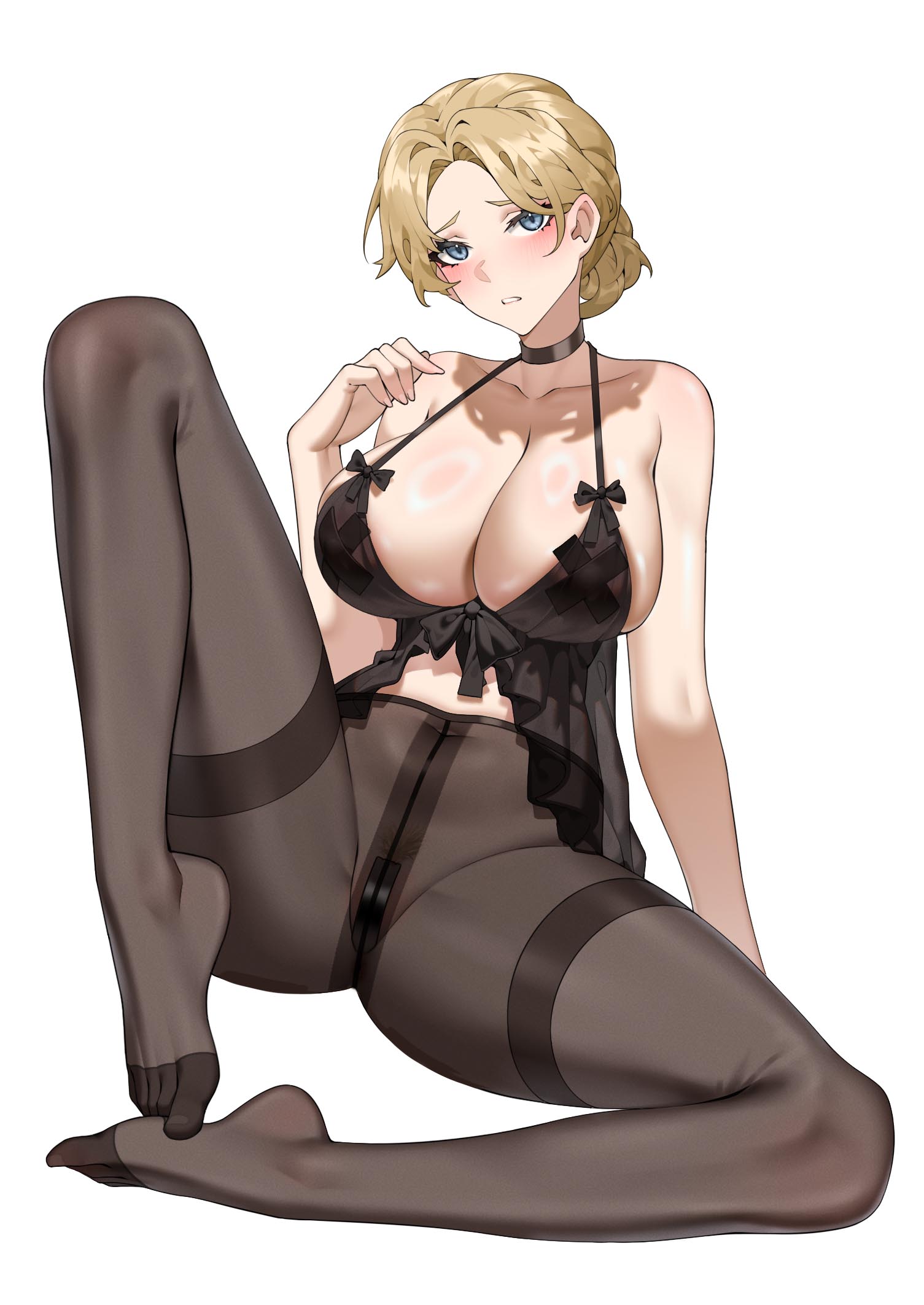 sebastian z, erika (sebastian z), original, commentary, english commentary, highres, 1girl, arm at side, black bra, black choker, black pantyhose, blonde hair, blue eyes, bra, breasts, choker, cleavage, collarbone, covered erect nipples, covered navel, cross, cross pasties, curled fingers, feet, female pubic hair, forehead, frills, full body, large breasts, legs, looking at viewer, open mouth, pantyhose, pasties, pubic hair, see-through clothes, shadow, short hair, sitting, skin tight, solo, teeth, thighs, toes, underwear, white background