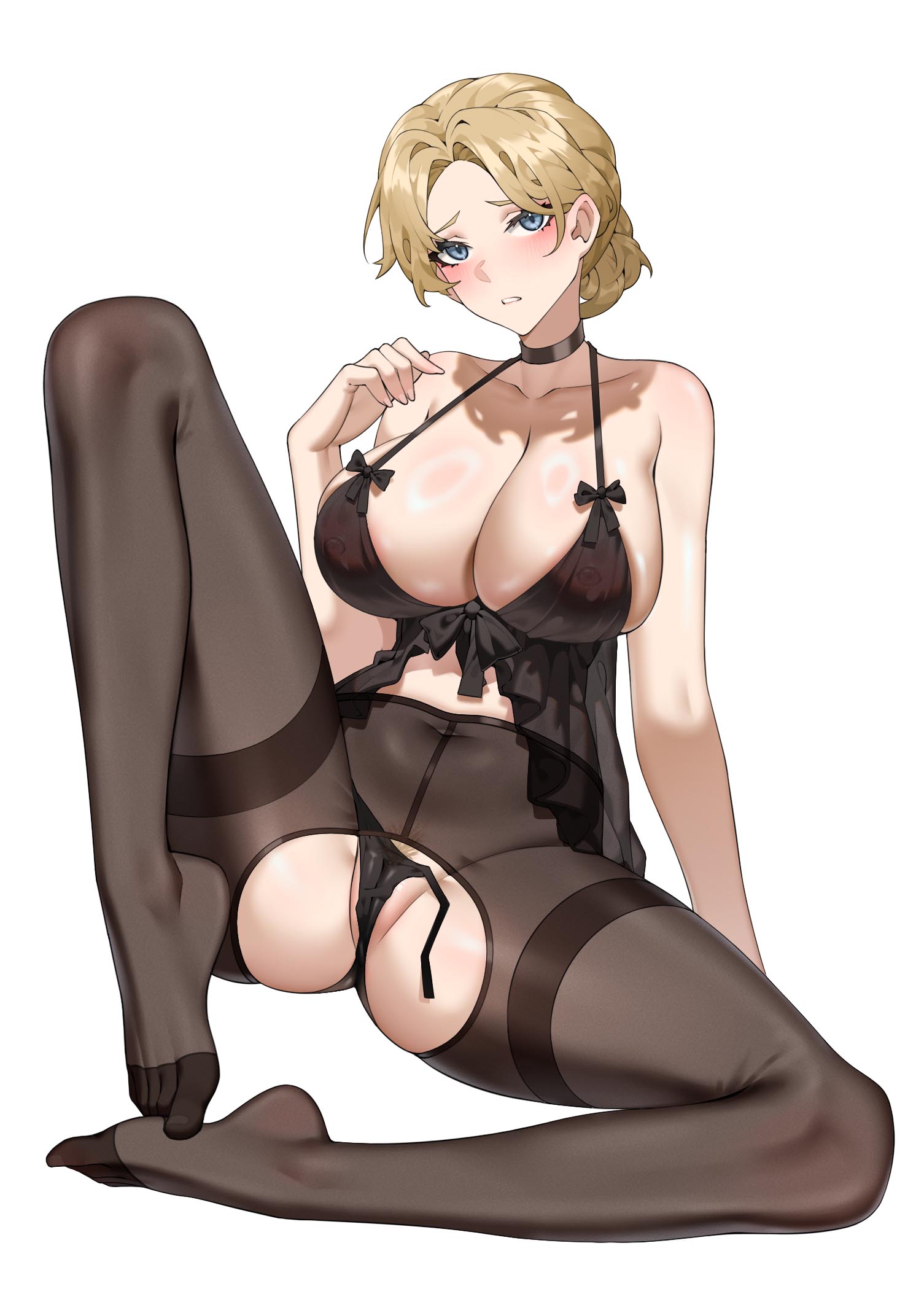 sebastian z, erika (sebastian z), original, commentary, english commentary, highres, 1girl, arm at side, black bra, black choker, black panties, black pantyhose, blonde hair, blue eyes, bra, breasts, cameltoe, choker, cleavage, collarbone, covered erect nipples, covered navel, curled fingers, feet, female pubic hair, forehead, frills, full body, large breasts, legs, looking at viewer, open mouth, panties, pantyhose, pubic hair, see-through clothes, shadow, short hair, sitting, skin tight, solo, teeth, thighs, toes, underwear, white background