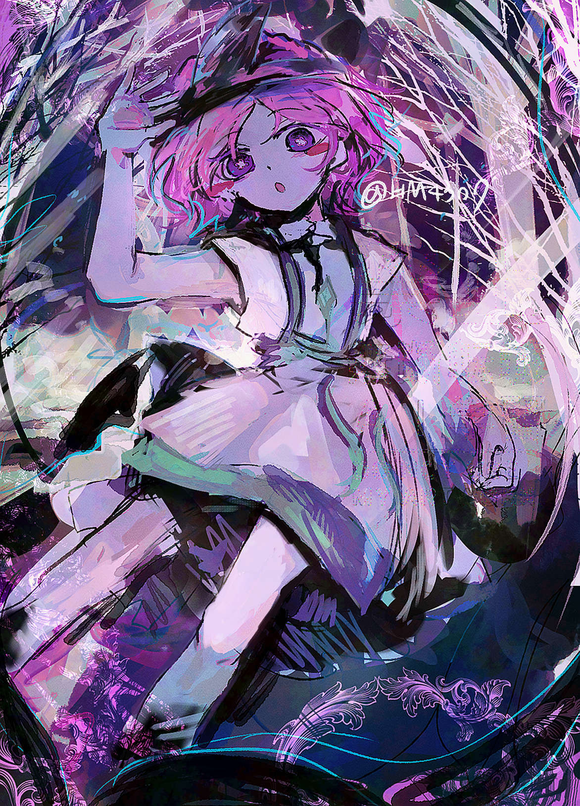 hm4307, shion (len'en), len'en, highres, 1other, :o, androgynous, bare arms, bare legs, bare tree, blush stickers, bright pupils, collared dress, dot nose, dress, expressionless, feet out of frame, forest, japanese clothes, magic, nature, open mouth, other focus, parted bangs, pink hair, purple eyes, short dress, short hair, short sleeves, solo, tree, triangular headpiece, twitter username, white dress, white pupils