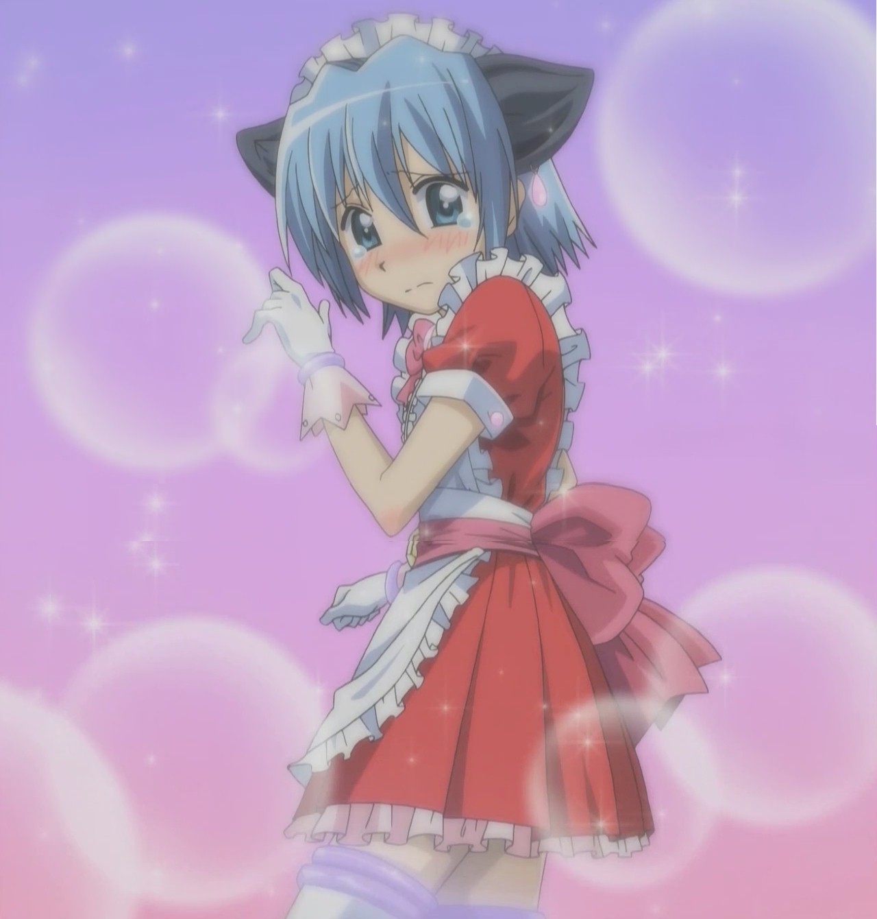 ayasaki hayate, hayate no gotoku!, anime screenshot, highres, stitched, third-party edit, 00s, 1boy, animal ears, apron, blue eyes, blue hair, blush, cat boy, cat ears, crossdressing, crossdressing (mtf), gloves, maid, maid apron, male focus, male maid, matching hair/eyes, short hair, solo, tears, thighhighs, trap, white gloves, zettai ryouiki