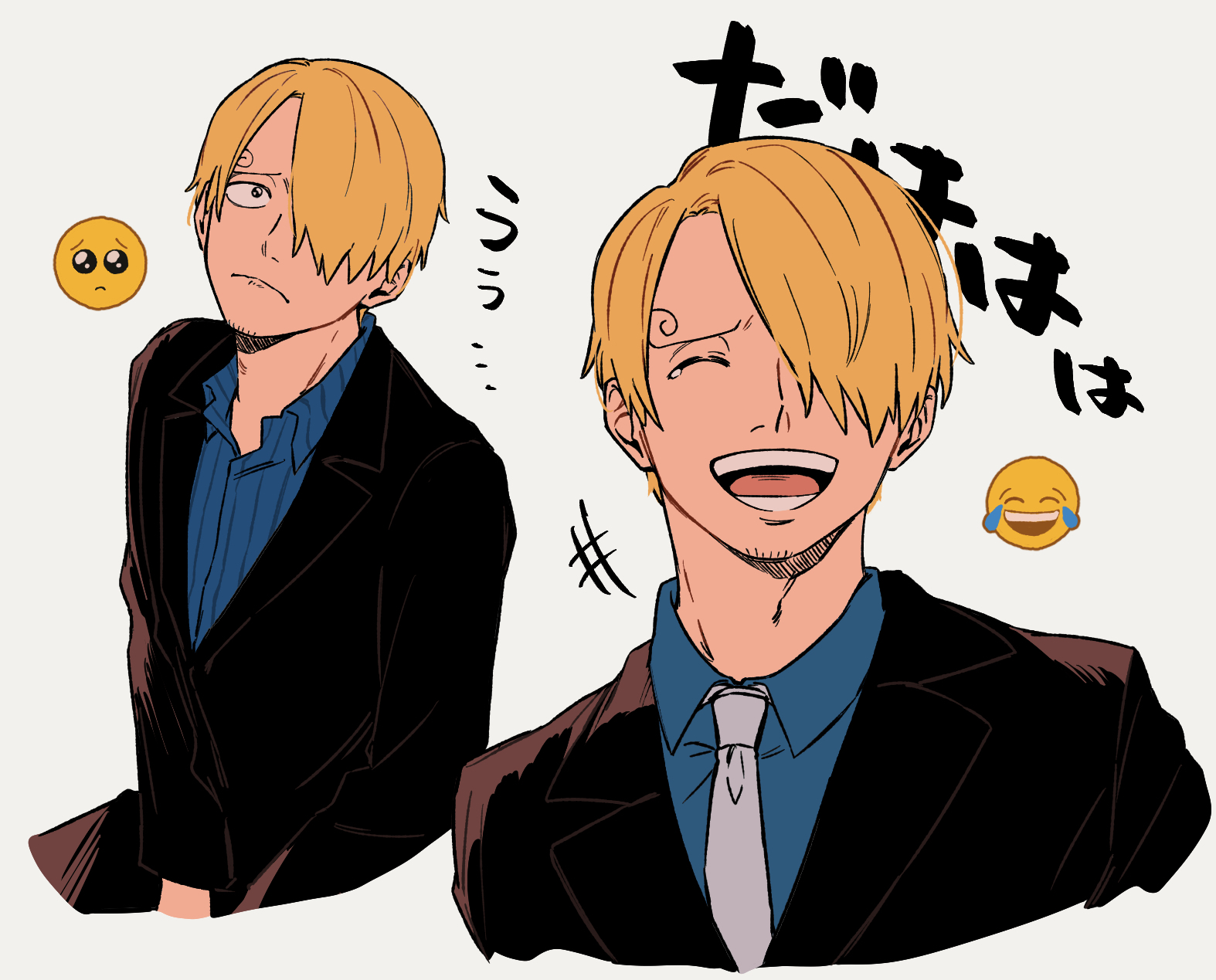 iqracha, sanji (one piece), one piece, highres, translation request, 1boy, black jacket, blonde hair, blue shirt, closed eyes, closed mouth, collared shirt, cropped torso, emoticon, frown, hair over one eye, happy, jacket, male focus, multiple views, necktie, open mouth, pout, shirt, striped clothes, striped shirt, tears, vertical-striped clothes, vertical-striped shirt, white necktie