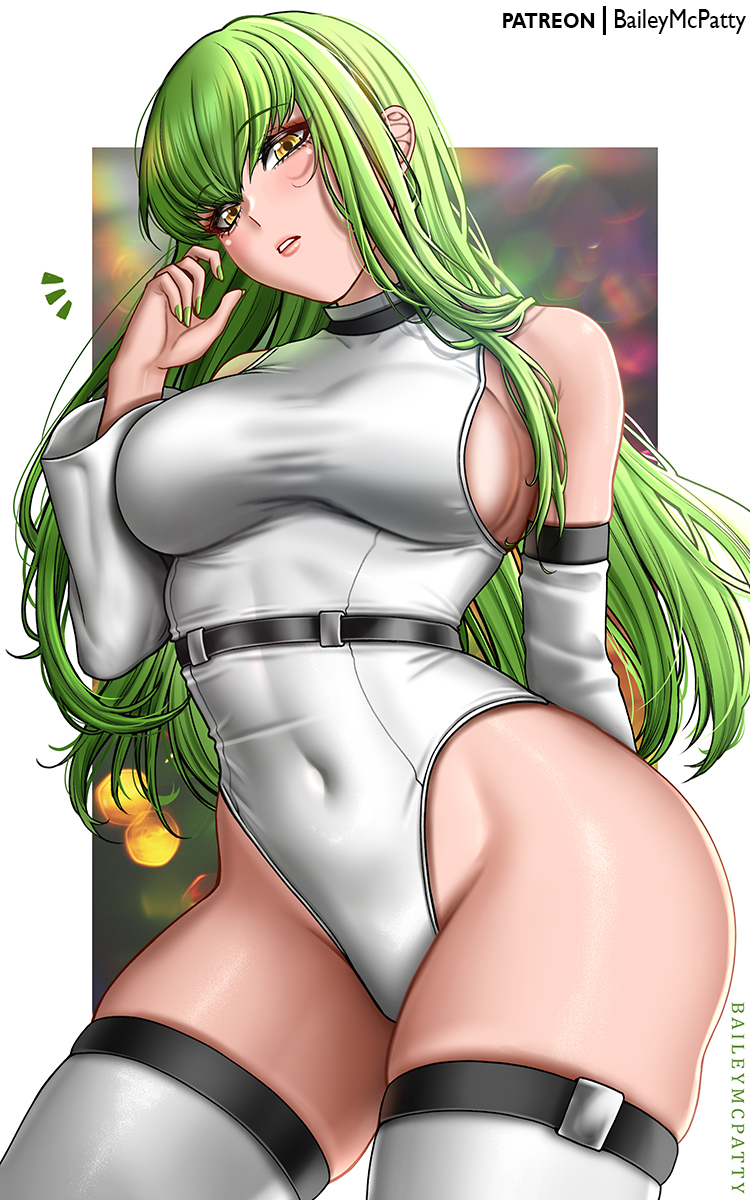 baileymcpatty, c.c., code geass, highres, 1girl, arm behind back, breasts, covered navel, cowboy shot, green hair, green nails, hand up, highleg, highleg leotard, leotard, long hair, looking at viewer, medium breasts, parted lips, skin tight, solo, thighhighs, very long hair, white leotard, white thighhighs, yellow eyes