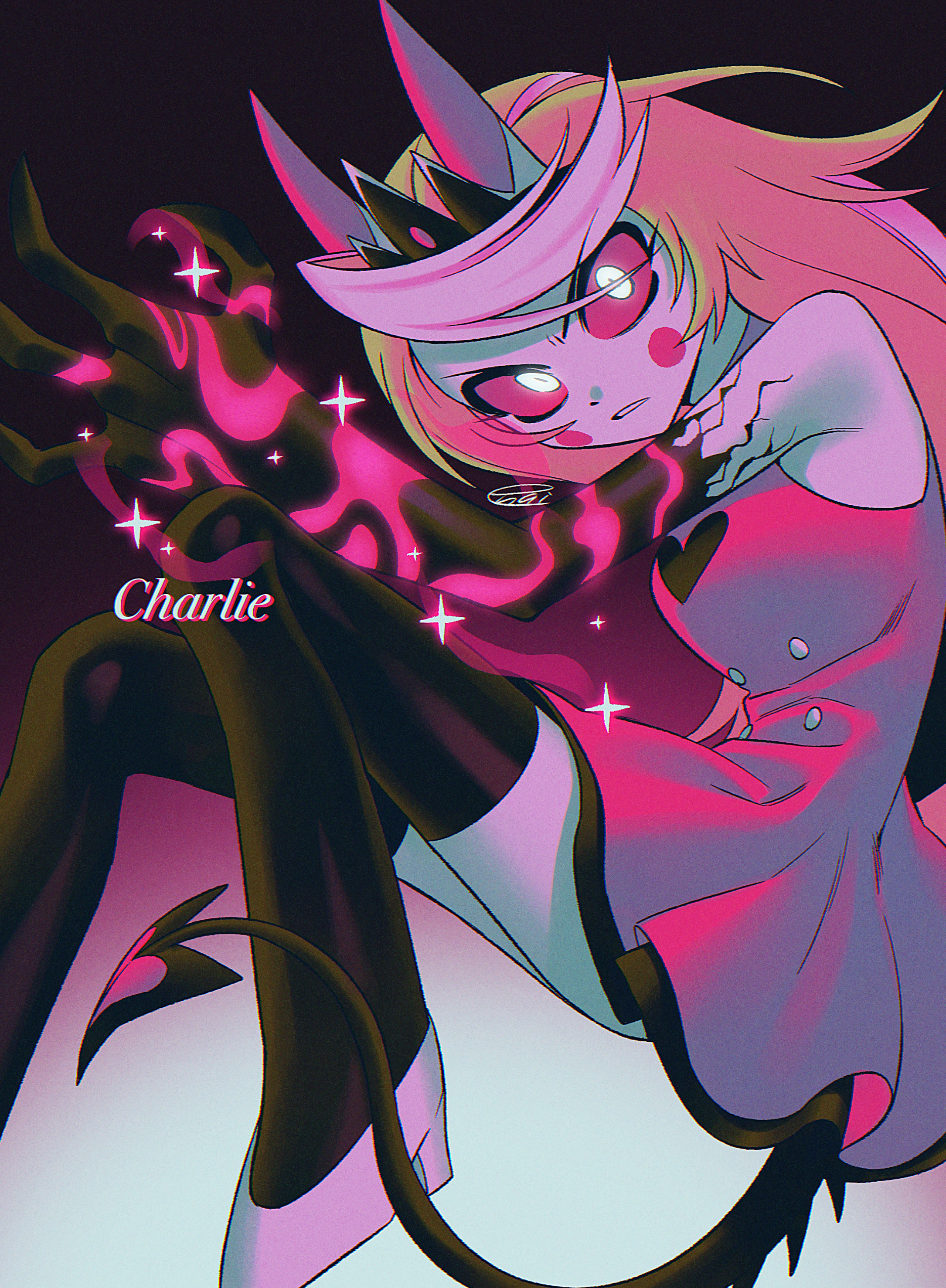 menma (enaic31), charlie morningstar, hazbin hotel, hellaverse, absurdres, commentary request, highres, spoilers, 1girl, angry, bare shoulders, black background, black gloves, black tail, black thighhighs, blonde hair, breasts, buttons, character name, chromatic aberration, circle facial mark, claw pose, clenched teeth, colored sclera, colored skin, demon girl, demon horns, demon tail, double-breasted, dress, elbow gloves, fewer digits, film grain, foot out of frame, gloves, glowing, glowing eyes, gradient background, heart, high heels, horns, invisible chair, knees up, leaning forward, long hair, looking at viewer, medium breasts, official alternate costume, pink background, pink dress, pink horns, pink sclera, shoes, short dress, signature, simple background, sitting, sleeveless, sleeveless dress, solo, sparkle, tail, teeth, thighhighs, v-shaped eyebrows, very long hair, white background, white shoes, white skin, zettai ryouiki