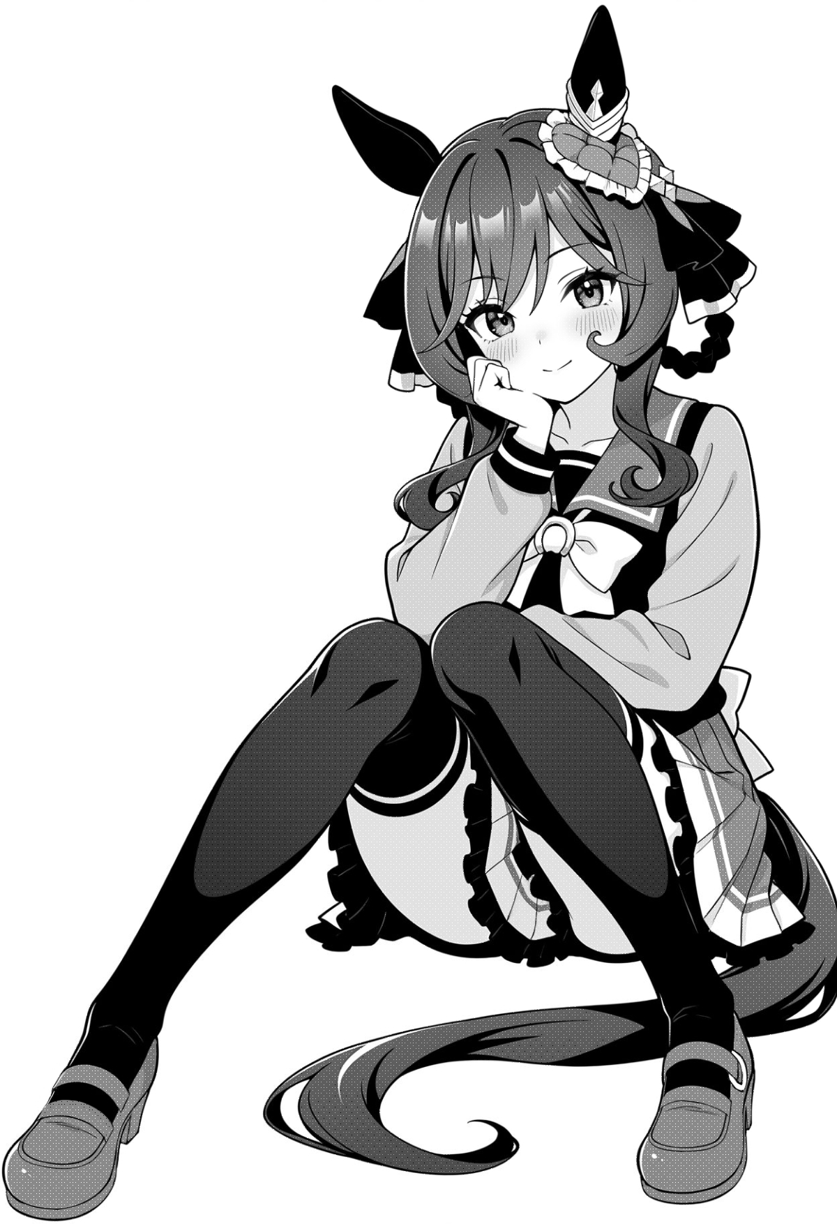 akagi koku, gentildonna (umamusume), umamusume, commentary, highres, 1girl, animal ears, back bow, blush, bow, bowtie, closed mouth, clothes between thighs, frilled skirt, frills, full body, greyscale, horse ears, horse girl, horse tail, knees up, long sleeves, looking at viewer, monochrome, pleated skirt, sailor collar, school uniform, shirt, shoes, short hair, simple background, sitting, skirt, smile, solo, tail, thighhighs, tracen school uniform