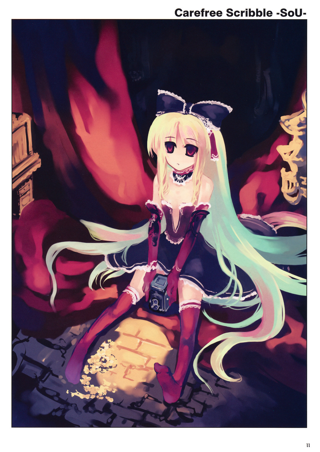 tokiame, highres, 1girl, blonde hair, female focus, hair ribbon, long hair, red eyes, ribbon, sitting, solo, thighhighs