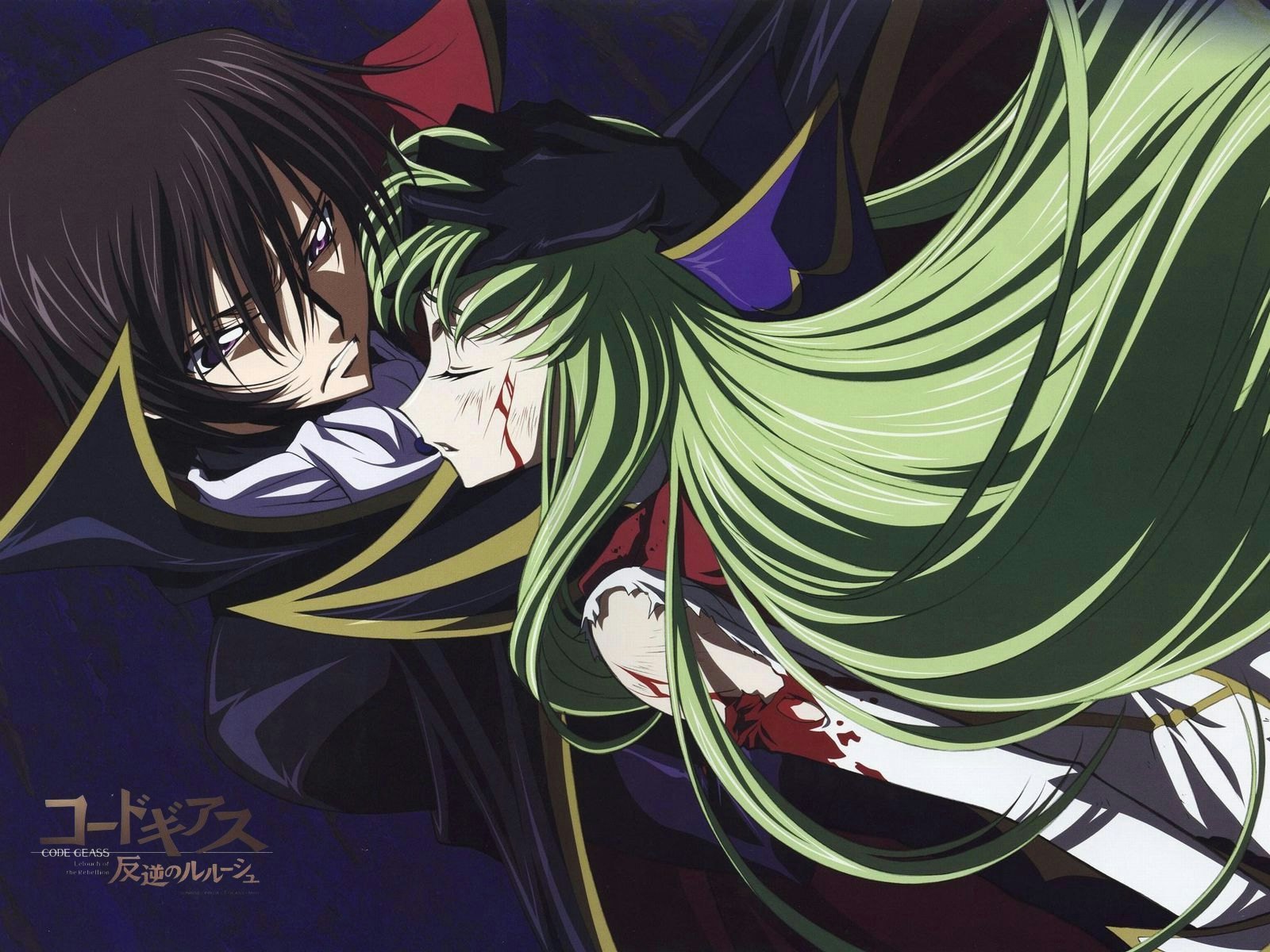 c.c., lelouch vi britannia, code geass, highres, 00s, black hair, blood, closed eyes, gloves, green hair, long hair, profile