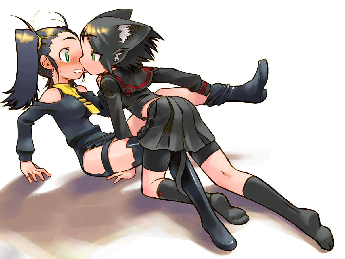 nakamura tetsuya, original, bad id, bad pixiv id, 2girls, animal ears, bike shorts, black hair, blush, cat ears, cat tail, feet, green eyes, latex, licking, multiple girls, socks, tail, undressing, yuri