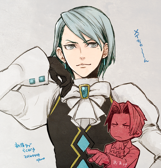yamo (miyamo), franziska von karma, miles edgeworth, ace attorney, translation request, 1boy, 1girl, black gloves, black vest, bow, curtained hair, earrings, gloves, grey eyes, grey hair, jewelry, juliet sleeves, long sleeves, mole, mole under eye, puffy sleeves, ringed eyes, shirt, short hair, simple background, vest, white bow, white shirt