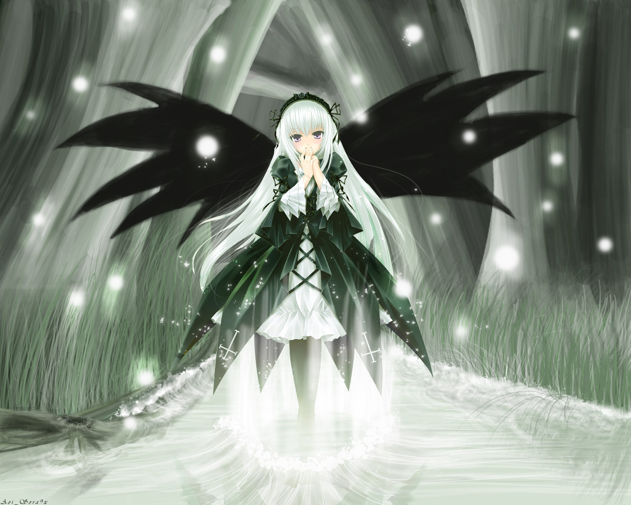 suigintou, rozen maiden, silver hair, 00s, 1girl, black dress, black wings, dress, female focus, forest, frills, hairband, lolita hairband, long hair, long sleeves, looking at viewer, nature, own hands together, plant, red eyes, river, shore, solo, standing, standing on liquid, tree, very long hair, wading, water, wings