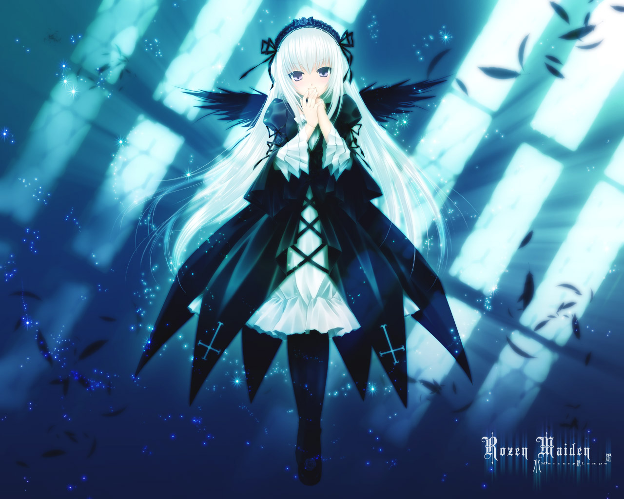 touto seiro, suigintou, rozen maiden, 00s, feathers, goth fashion, long hair, purple eyes, solo, white hair, wings