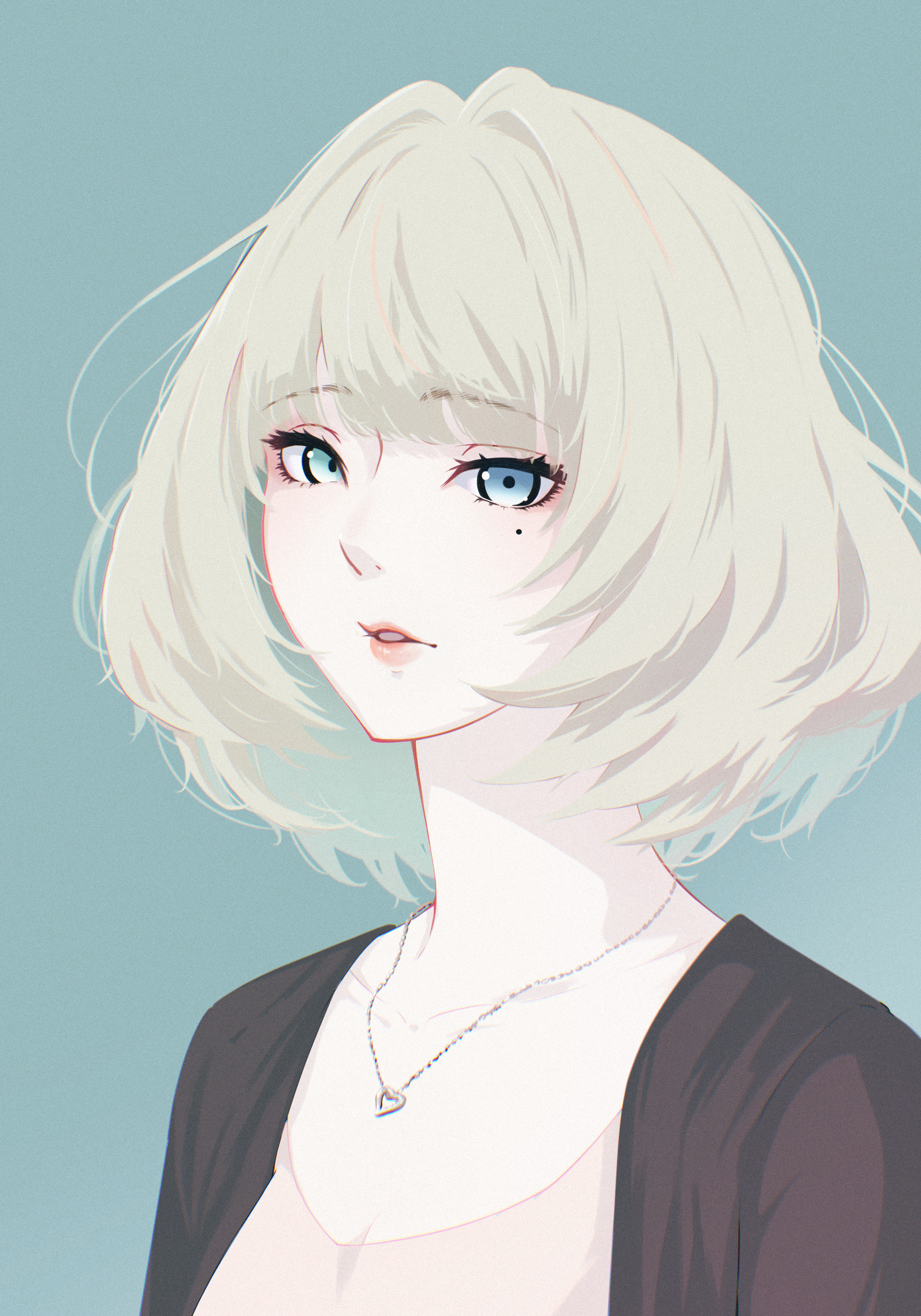 oshizu, takagaki kaede, idolmaster, idolmaster cinderella girls, absurdres, highres, 1girl, blonde hair, blue eyes, collarbone, green background, green eyes, hair intakes, heart, heart necklace, heterochromia, jewelry, lips, looking at viewer, mole, mole under eye, necklace, parted lips, portrait, short hair, simple background, solo