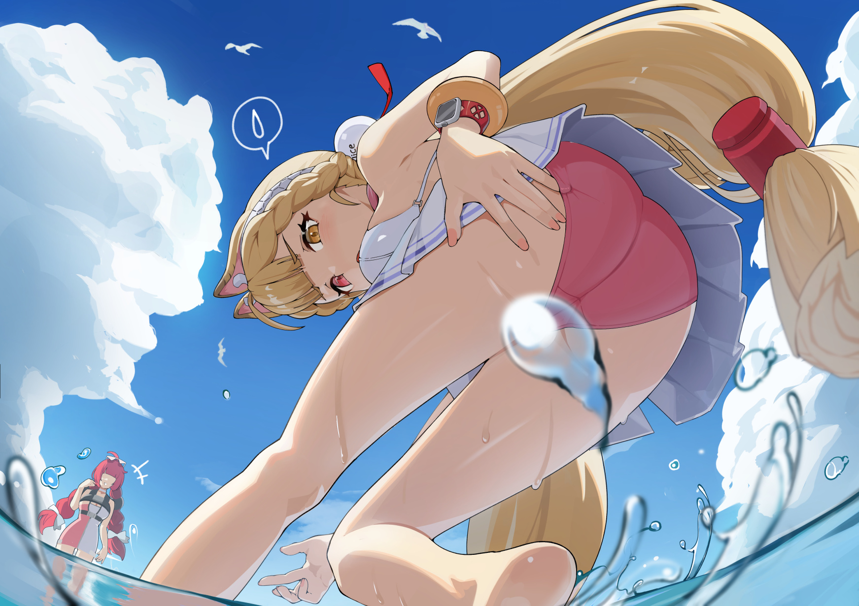 kagemoe1003, alice thymefield, alice thymefield (sea of thyme), ukinami yuzuha, ukinami yuzuha (tanuki in broad daylight), zenless zone zero, highres, 2girls, animal ears, bikini, blonde hair, blue sky, bracelet, cloud, day, dress swimsuit, from below, hair ornament, heterochromia, jewelry, long hair, looking at viewer, multiple girls, one-piece swimsuit, pink bikini, rabbit ears, rabbit girl, red eyes, red hair, sky, smartwatch, solo focus, sphere hair ornament, swimsuit, watch, water, water censor, wristwatch, yellow eyes