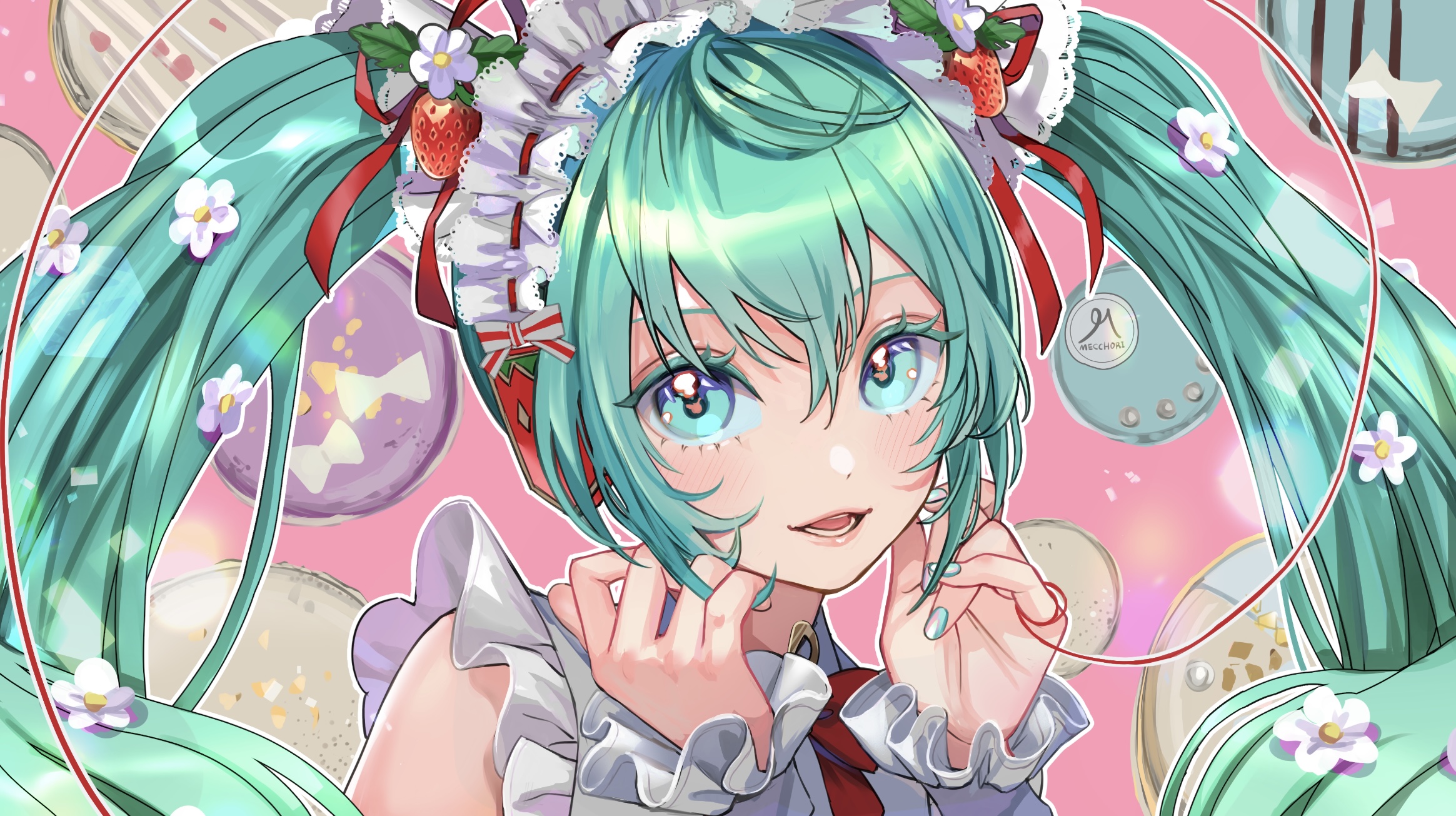 katekari yuusuke, hatsune miku, strawberry miku (morikura), vocaloid, commentary, highres, 1girl, blue eyes, blue hair, blue nails, colored eyelashes, detached sleeves, eyelashes, flower, food, fruit, hair between eyes, hair flower, hair ornament, long hair, looking at viewer, macaron, maid headdress, miku day, pink background, solo, strawberry, twintails, very long hair, white flower