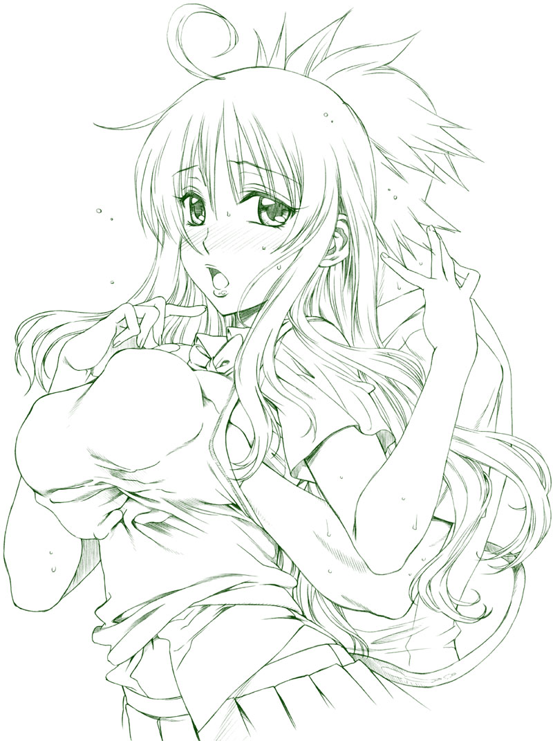 hanzaki jirou, lala satalin deviluke, to love-ru, 00s, 1girl, breasts, from behind, grabbing another's breast, green theme, groping, large breasts, lips, monochrome, solo focus