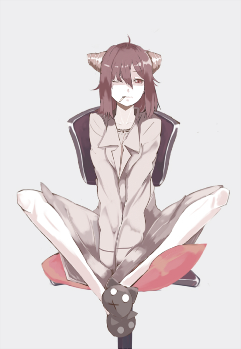 shiromiso, pixiv fantasia, pixiv fantasia 1, bad id, bad pixiv id, 1girl, black hair, chair, cigarette, female focus, horns, on chair, one eye closed, red eyes, slippers, slit pupils, solo, wink