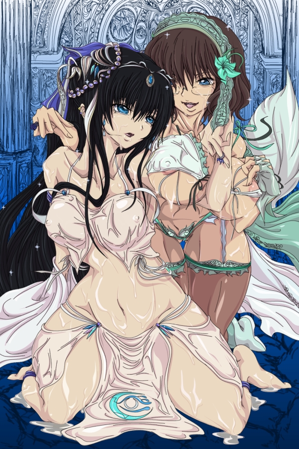 madhatter hello, marina ismail, shirin bakhtiar, gundam, gundam 00, 00s, 2girls, breasts, curvy, jewelry, large breasts, lingerie, multiple girls, underwear, yuri