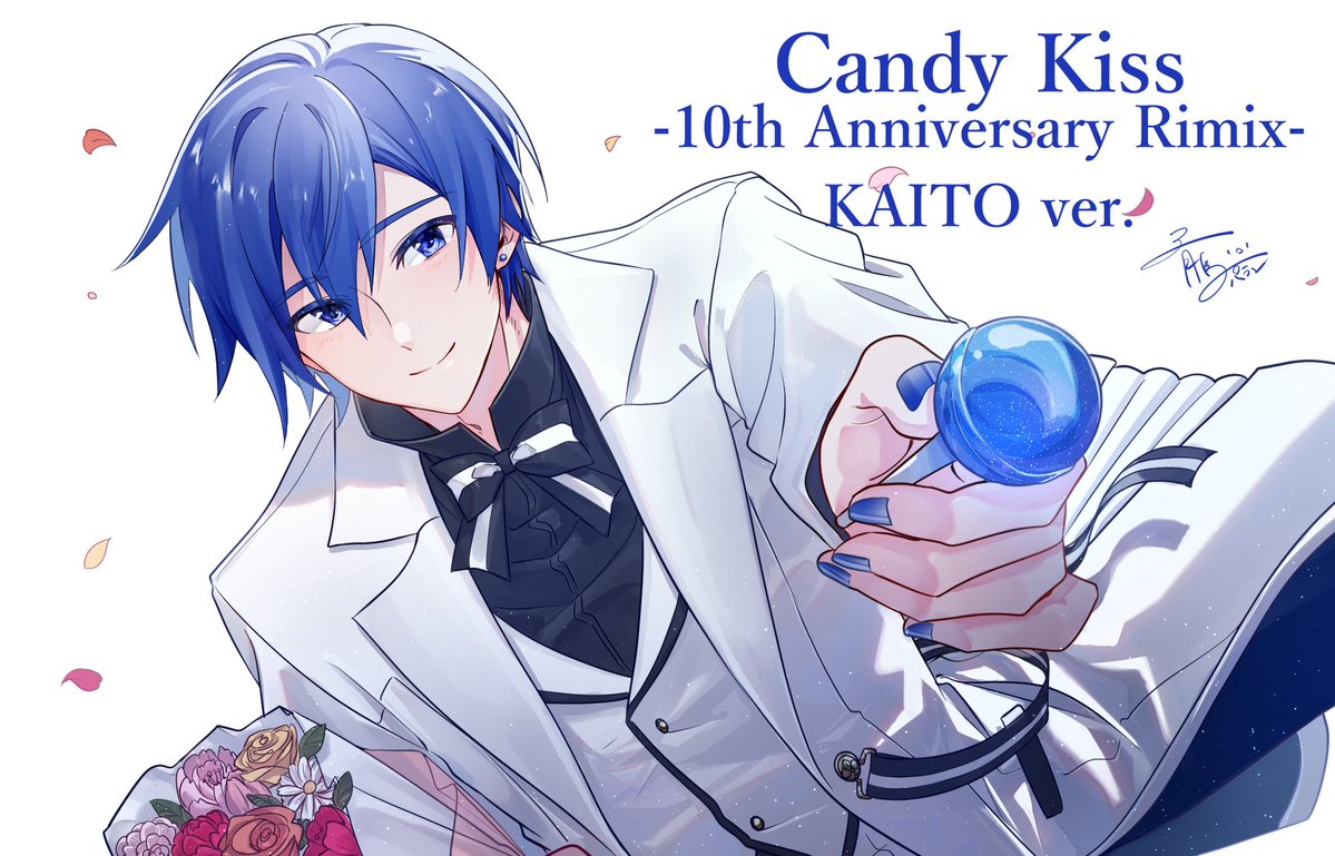 parang 99, kaito (vocaloid), vocaloid, commentary request, flower request, 1boy, blue eyes, blue hair, blue nails, bouquet, bow, candy, character name, closed mouth, fingernails, flower, food, holding, holding candy, holding food, holding lollipop, lapels, lollipop, looking at viewer, male focus, nail polish, notched lapels, orange flower, outstretched arm, pink petals, short hair, signature, smile, solo, two-tone bow, upper body, white background, white flower