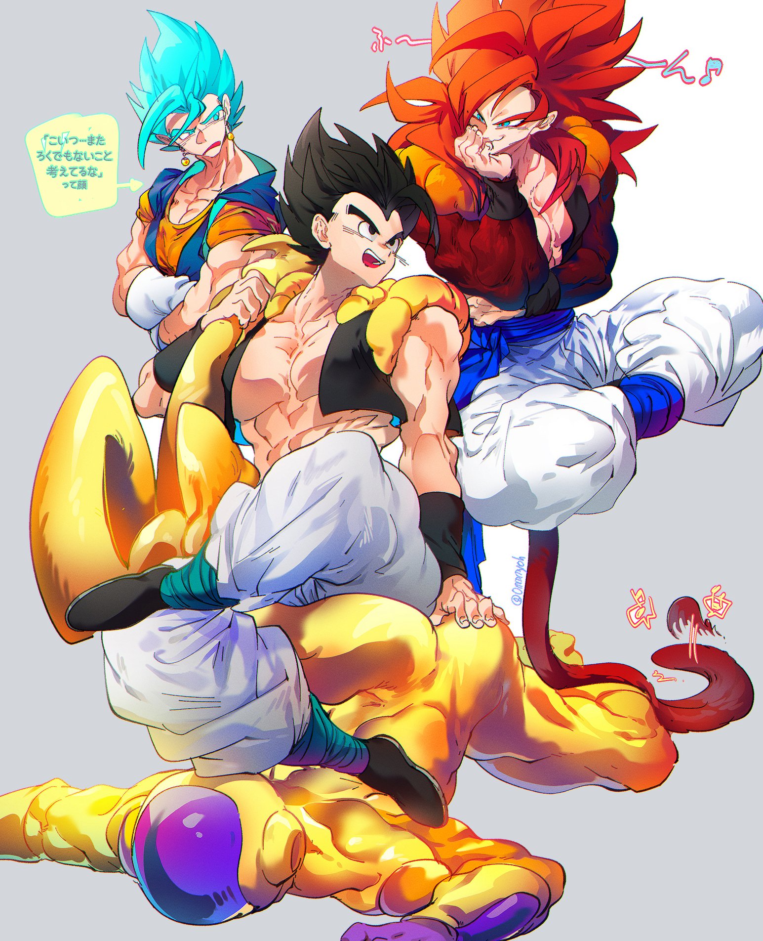 ommmyoh, frieza, gogeta, golden frieza, vegetto, dragon ball, dragon ball gt, dragon ball super, dragon ball super broly, highres, black hair, blue eyes, blue sash, closed mouth, dougi, earrings, gloves, jewelry, long hair, male focus, metamoran vest, monkey boy, monkey tail, multiple boys, muscular, muscular male, open mouth, pants, potara earrings, red fur, saiyan, sash, smile, spiked hair, super saiyan, super saiyan 4, super saiyan blue, tail, twitter username, wristband