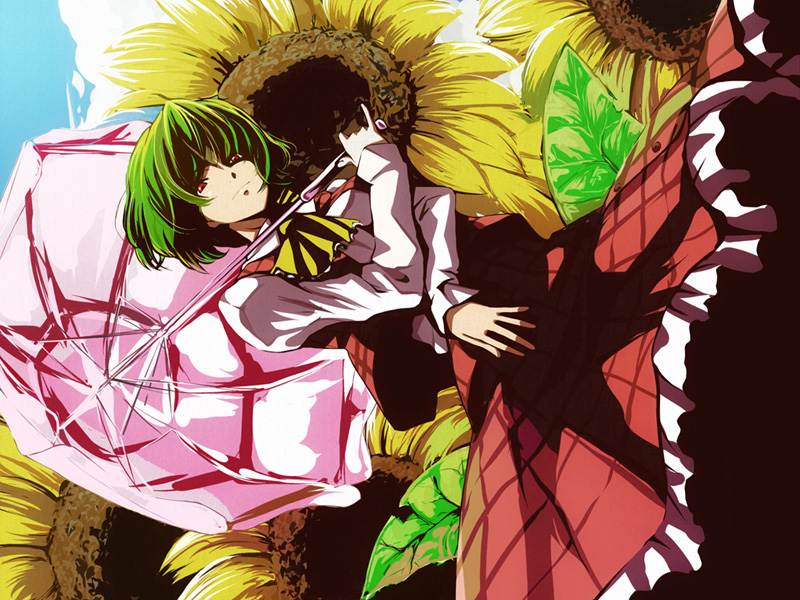 nazo kichi, kazami yuuka, touhou, 1girl, ascot, female focus, flower, parasol, plaid clothes, plaid skirt, plaid vest, skirt, skirt set, solo, sunflower, umbrella, vest
