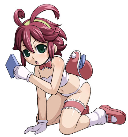 caryo, midori boushi, yuuma (magipoka), renkin san-kyuu magical pokaan, lowres, 1girl, :o, all fours, antenna hair, blue eyes, bow, bowtie, detached collar, female focus, frilled thigh strap, frills, gloves, holding, kneehighs, looking at viewer, mary janes, midriff, navel, open mouth, red bow, red bowtie, shoes, short hair, socks, solo, stomach, thigh strap, white gloves, white socks