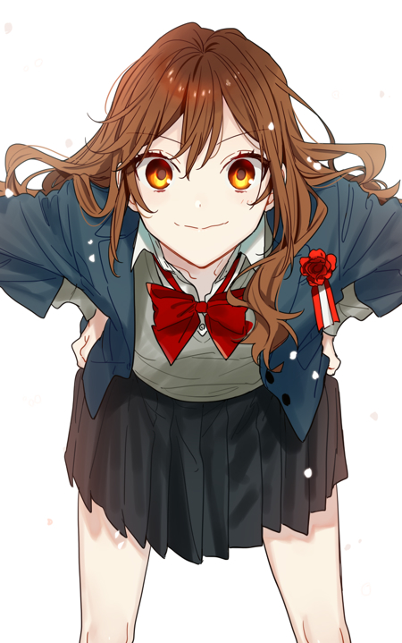 hagiwara daisuke, hori kyouko, hori-san to miyamura-kun, 1girl, black skirt, blazer, bow, bowtie, brown hair, collared shirt, flower, grey sweater, hands on own hips, jacket, katagiri senior high school uniform, long hair, long sleeves, looking at viewer, open clothes, open jacket, pleated skirt, red bow, red bowtie, red flower, school uniform, shirt, simple background, skirt, smile, solo, split mouth, sweater, white background