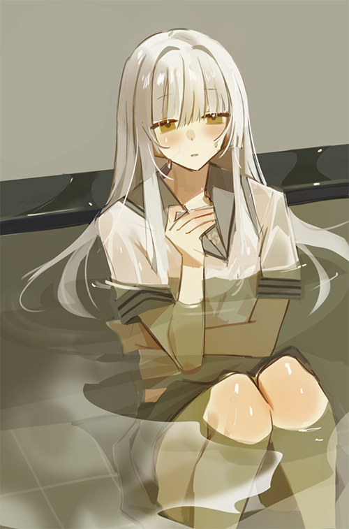 dr.b (drb02), minami rio, black survival, eternal return: black survival, 1girl, blue sailor collar, blunt bangs, blush, long hair, parted lips, partially submerged, pool, sailor collar, school uniform, serafuku, shirt, sitting, skirt, solo, sweat, sweatdrop, water, wet, wet clothes, wet shirt, wet skirt, white hair, white shirt, yellow eyes