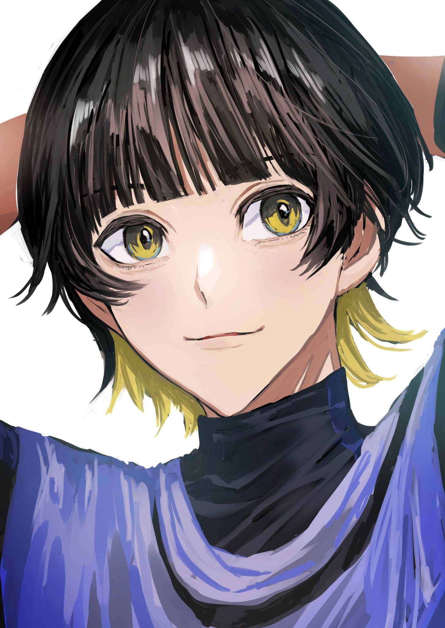 naka (58hrprtr), bachira meguru, blue lock, commentary request, highres, 1boy, black hair, blonde hair, blue lock bodysuit, blunt bangs, closed mouth, colored inner hair, facing viewer, male focus, multicolored hair, short hair, simple background, solo, two-tone hair, white background, yellow eyes