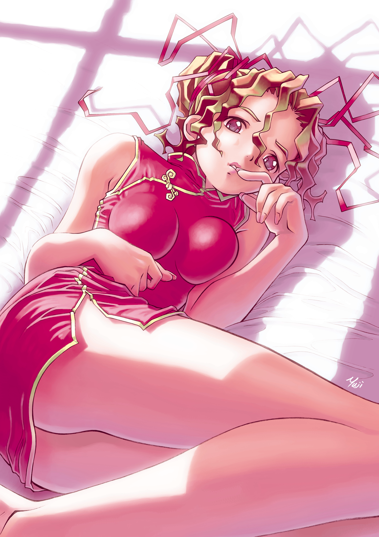 kobayashi yuji, highres, 1girl, ass, bare shoulders, blush, breast press, breasts, brown hair, china dress, chinese clothes, dress, embarrassed, finger to mouth, fingernails, from above, green hair, hair bun, hair ribbon, impossible clothes, impossible dress, indoors, legs, lipstick, long fingernails, long legs, looking at viewer, lying, makeup, pink eyes, ponytail, red eyes, ribbon, shadow, short dress, side slit, signature, sleeveless, solo, turtleneck, wavy hair